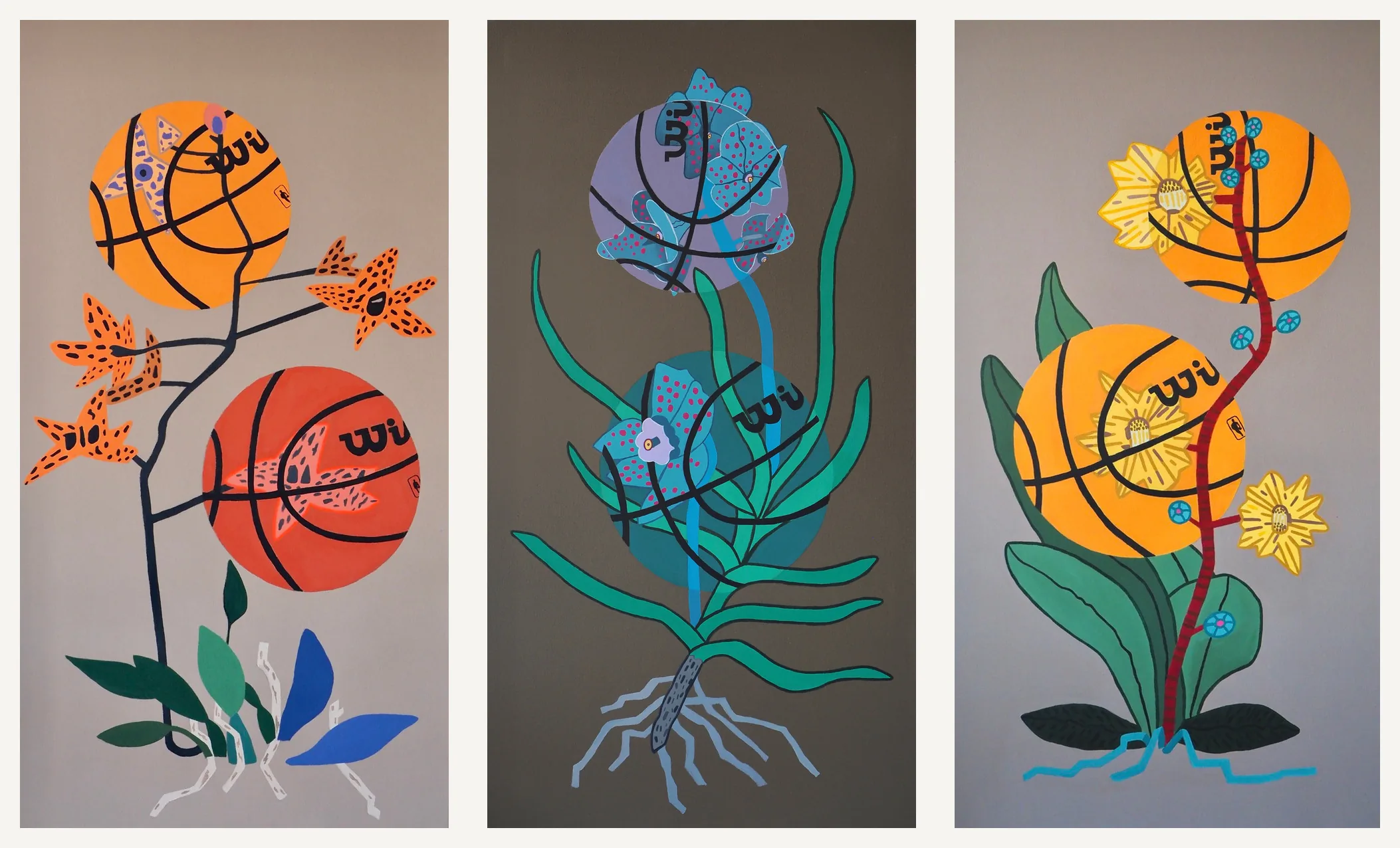 The triptych, three canvases of basketball forms grown as botanical studies, brown ground in the centre